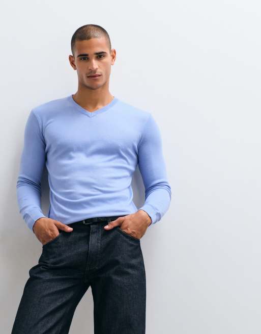Brave Soul v-neck knitted jumper in pale blue, 3 of 5