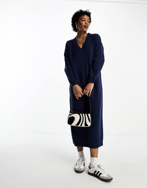 Brave Soul v neck oversized knitted midi dress in navy