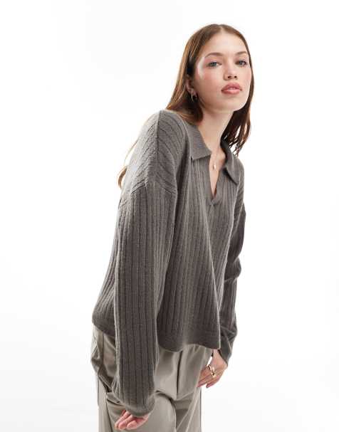 Brave Soul v-neck polo jumper in charcoal grey - view 1