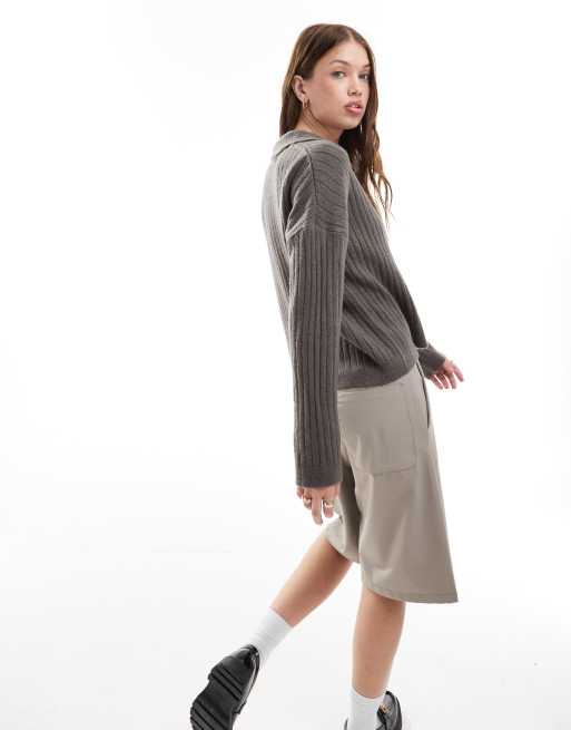 Brave Soul v-neck polo jumper in charcoal grey, 3 of 4
