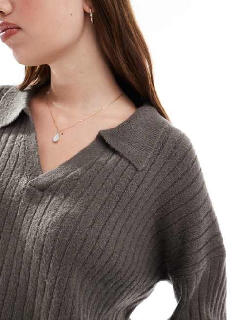 Brave Soul v-neck polo jumper in charcoal grey, 4 of 4