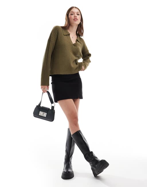 Brave Soul v-neck polo jumper in khaki, 2 of 4
