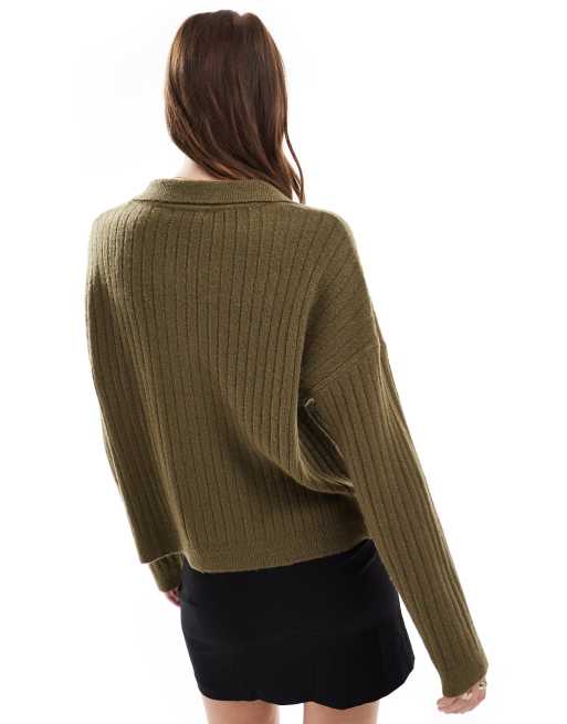 Brave Soul v-neck polo jumper in khaki, 3 of 4