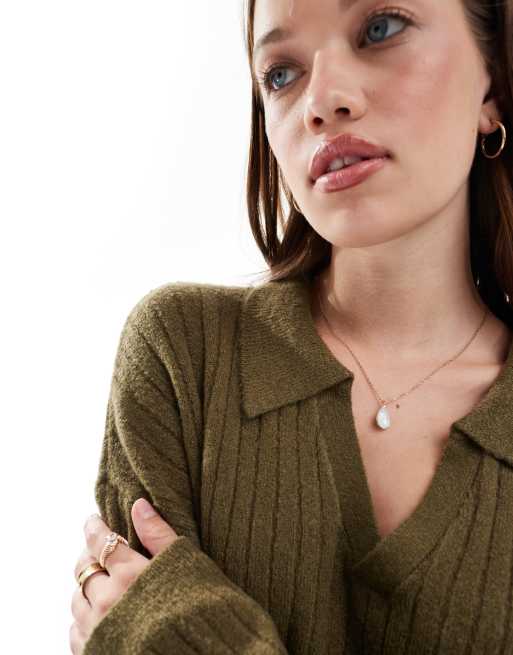 Brave Soul v-neck polo jumper in khaki, 4 of 4