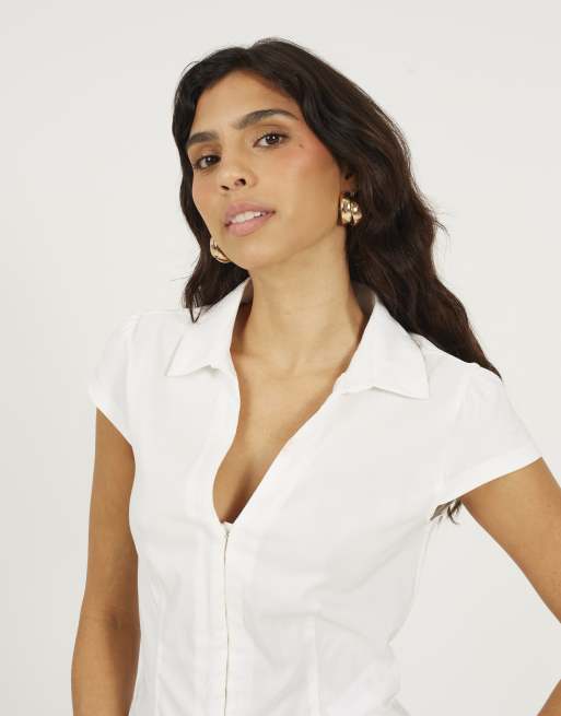 Brave Soul V-neck shirt with cap sleeve in white, 4 of 4