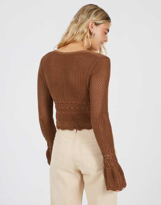 Brave Soul V-neck tie front cardigan with flared cuffs in brown, 2 of 4