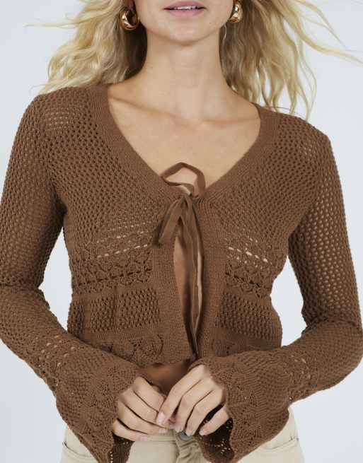 Brave Soul V-neck tie front cardigan with flared cuffs in brown, 4 of 4