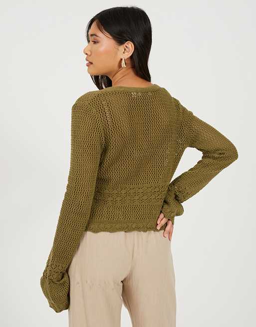 Brave Soul V-neck tie front cardigan with flared cuffs in light khaki, 2 of 4