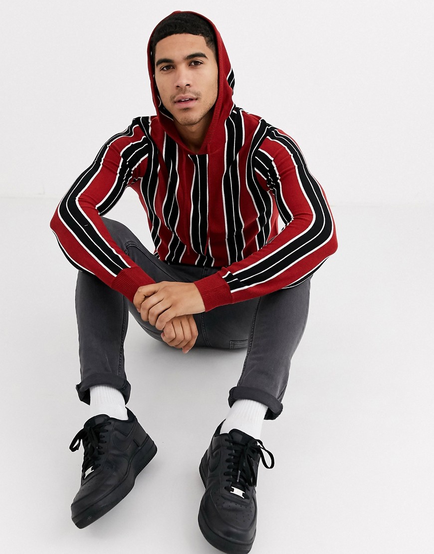 Brave Soul vertical stripe knitted hoodie-Red