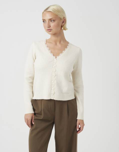 Brave Soul vest met V-hals, knoopsluiting en kanten rand in crème - view 1