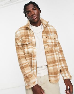 Brave Soul check borg jacket in light brown - ASOS Price Checker