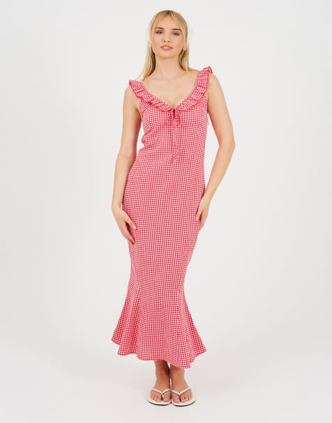 Brave Soul - vestido maxi sin mangas con cuello de volante y cuadros vichy en rojo - view 1