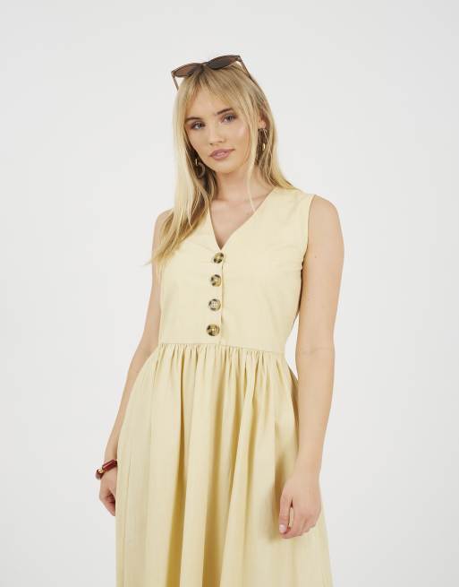 Brave Soul - Vestido midi amarillo sin mangas con cuello de pico y botones, 2 de 4