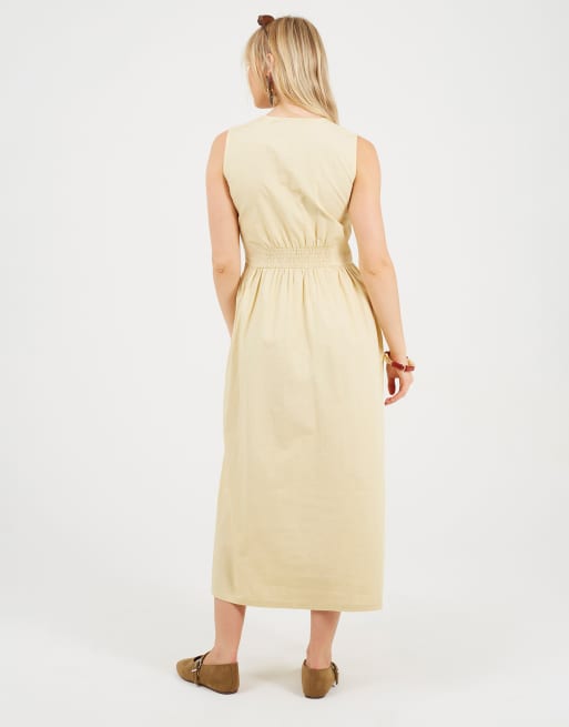 Brave Soul - Vestido midi amarillo sin mangas con cuello de pico y botones, 3 de 4