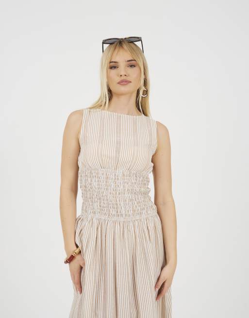Brave Soul - Vestido midi beis a rayas de corte amplio sin mangas, 2 de 4