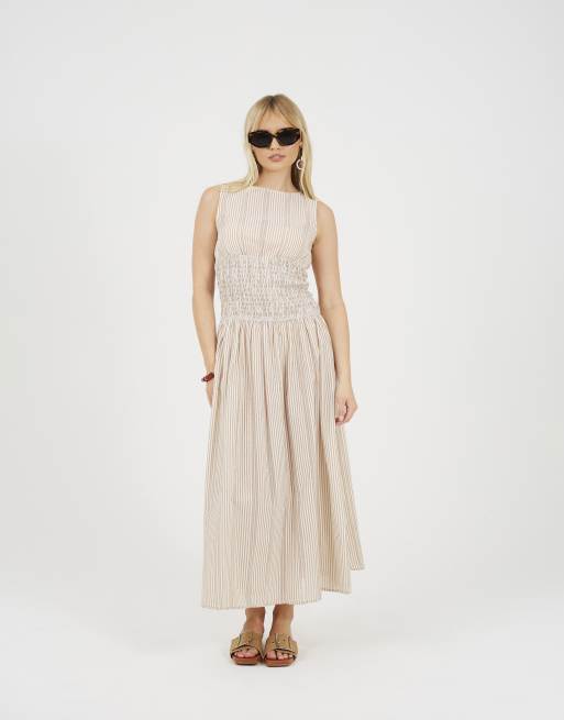 Brave Soul - Vestido midi beis a rayas de corte amplio sin mangas, 3 de 4