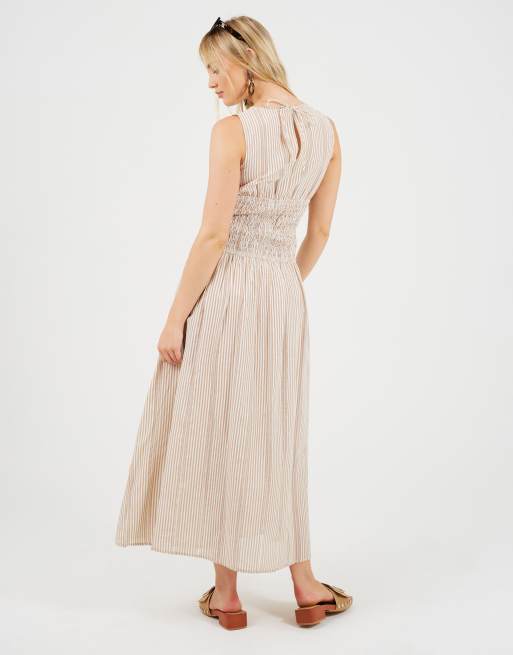 Brave Soul - Vestido midi beis a rayas de corte amplio sin mangas, 4 de 4