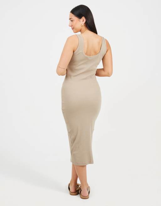 Brave Soul - Vestido midi beis ajustado con cuello ancho, 2 de 3