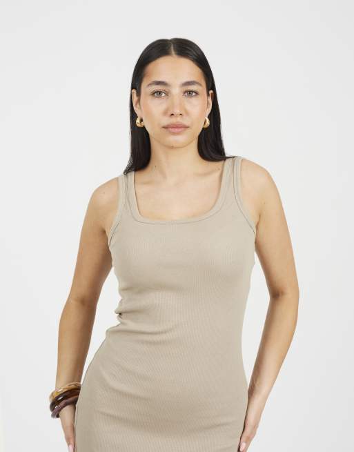 Brave Soul - Vestido midi beis ajustado con cuello ancho, 3 de 3
