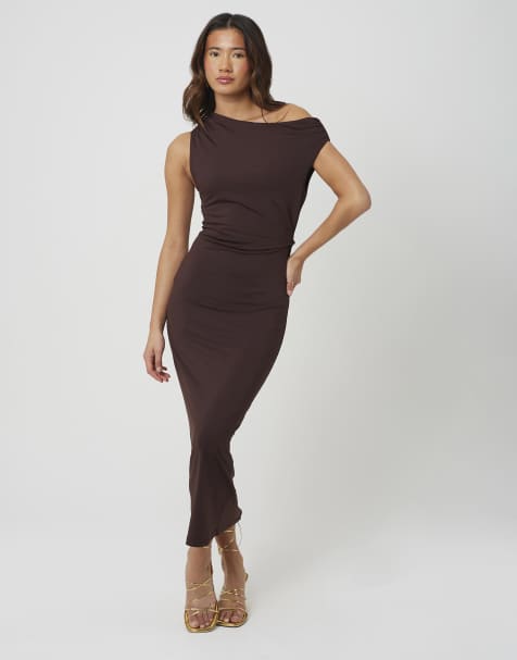 Brave Soul - vestido midi de punto con hombros descubiertos en chocolate - view 1