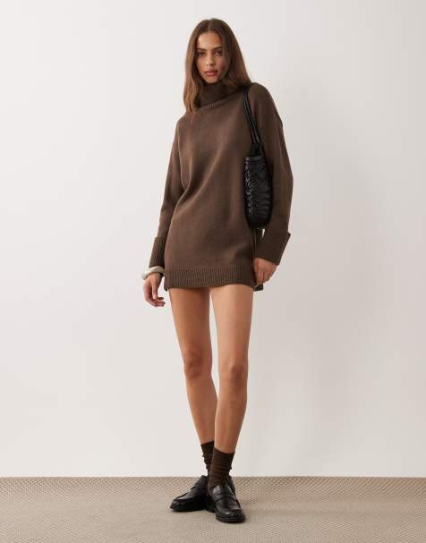 Brave Soul - vestido mini de punto con cuello vuelto en marrón chocolate - view 1