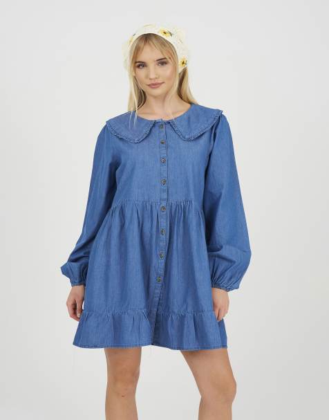 Brave Soul - vestido vaquero mini de cambray azul con cuello - view 1
