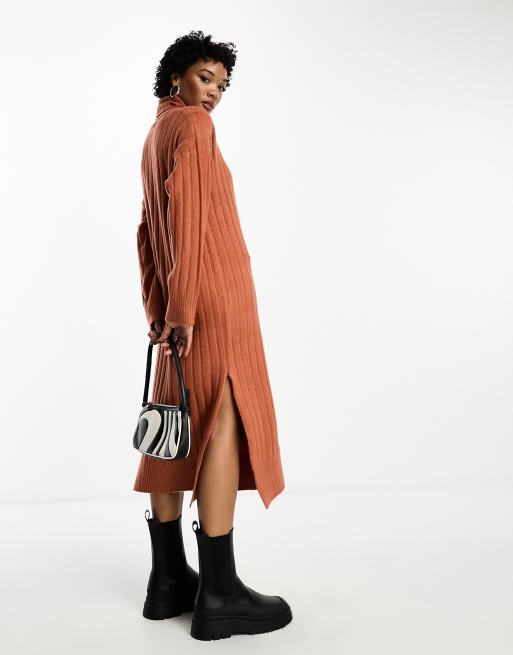 Brave Soul - Vestito accollato extra largo al polpaccio in maglia color ruggine 