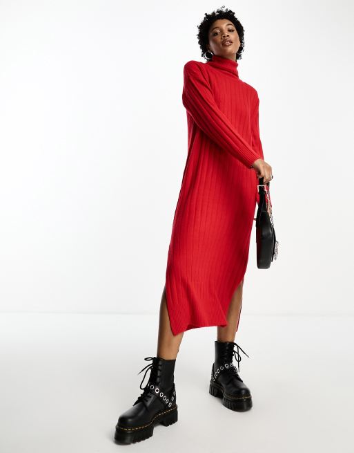 Brave Soul - Vestito accollato extra largo al polpaccio in maglia rosso 