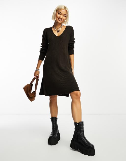 Brave Soul - Vestito ampio lavorato a maniche lunghe marrone scuro con scollo a V