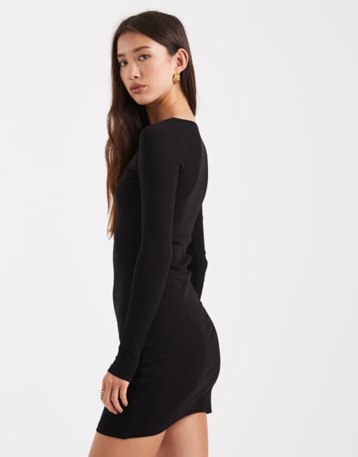 Brave Soul - Vestito corto a maniche lunghe in jersey a coste nero con bottoni, 4 di 4