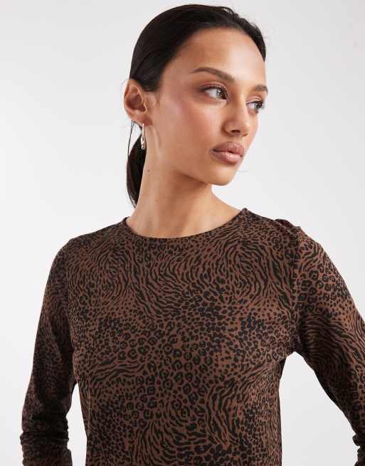 Brave Soul - Vestito corto in jersey nero e marrone con stampa animalier e vita scesa, 2 di 4