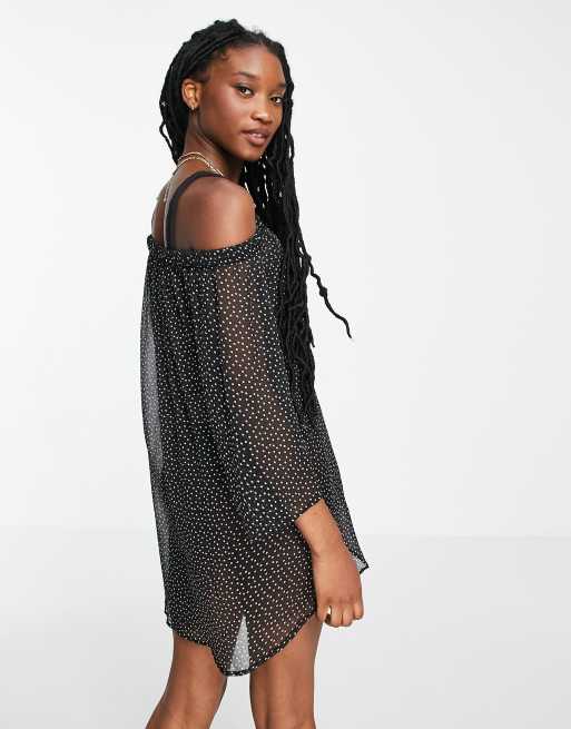 Brave Soul - Vestito da mare con spalle scoperte nero a pois, 2 di 4