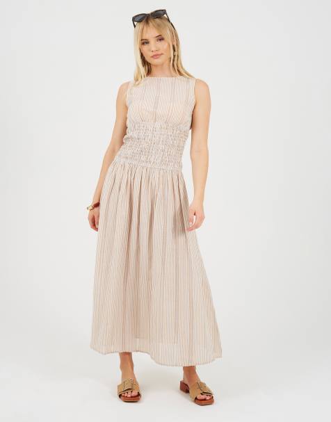 Brave Soul - Vestito grembiule midi senza maniche beige a righe - view 1