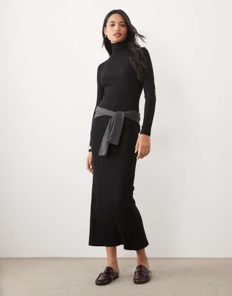 Brave Soul vestito lungo a coste con maniche lunghe e dolcevita con spacco, nero - view 1