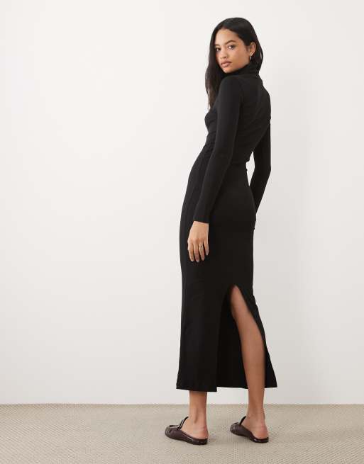 Brave Soul vestito lungo a coste con maniche lunghe e dolcevita con spacco, nero, 4 di 4