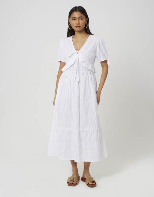 Brave Soul - Vestito lungo bianco con maniche a sbuffo, allacciatura e volant, 3 di 4