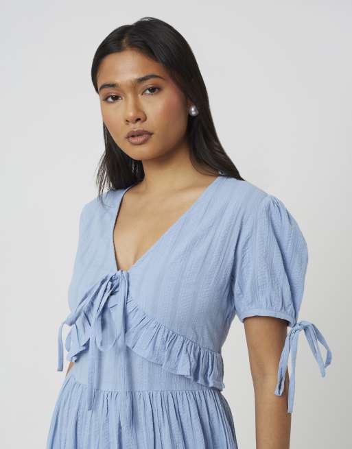 Brave Soul - Vestito lungo blu con maniche a sbuffo, laccetti e volant, 4 di 4