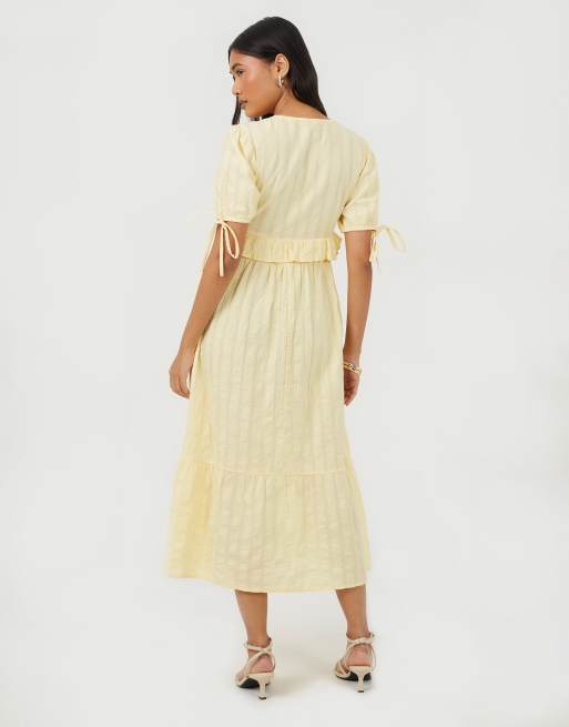Brave Soul - Vestito lungo giallo con maniche a sbuffo, laccetti e volant, 3 di 4