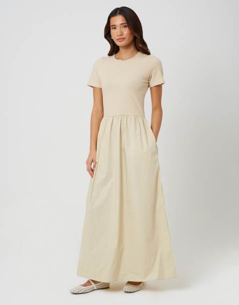 Brave Soul - Vestito lungo girocollo in jersey e popeline beige - view 1