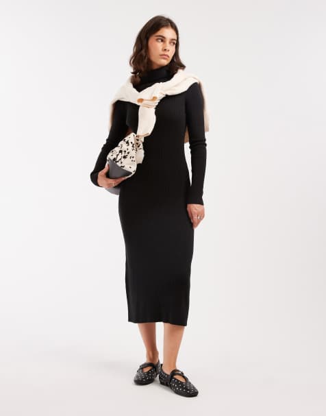 Brave Soul - Vestito maglia midi nero lavorato a coste con collo alto - view 1