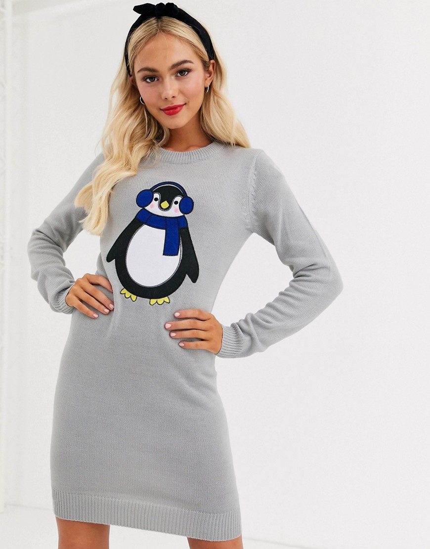 Brave Soul - Vestito maglia natalizio con pinguino applicato-Grigio