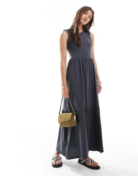 Brave Soul - Vestito midi accollato grigio antracite in misto cotone a balze - view 1
