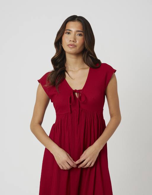 Brave Soul - Vestito midi in jersey testurizzato rosso con scollo a V e laccetti, 2 di 4