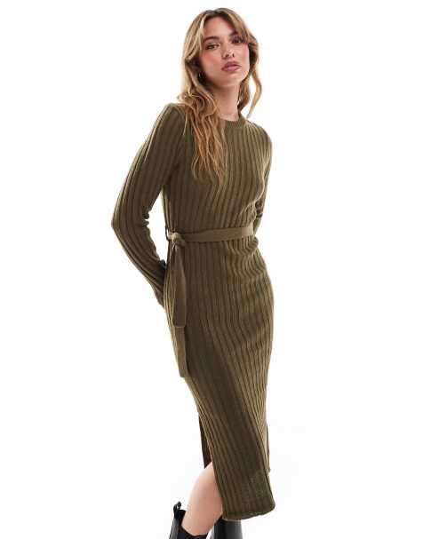 Brave Soul - Vestito midi in maglia kaki con spacco - view 1
