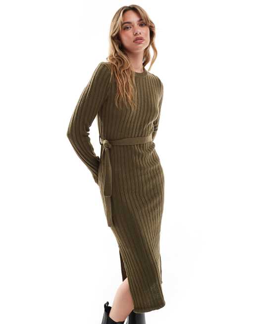 Brave Soul - Vestito midi in maglia kaki con spacco
