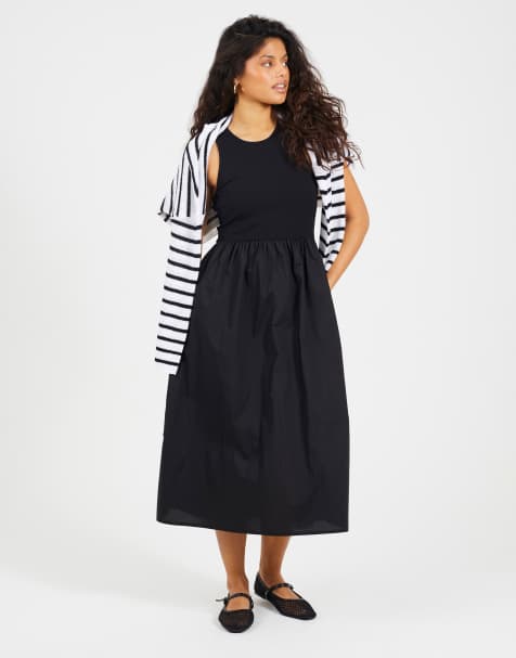 Brave Soul - Vestito midi in misto popeline e jersey a coste nero - view 1