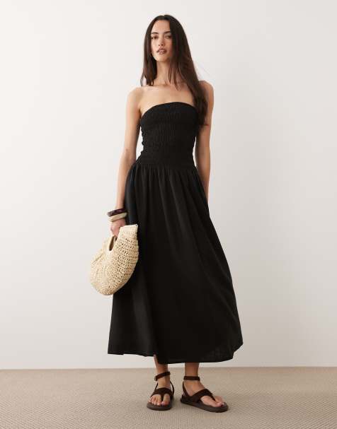 Brave Soul - Vestito midi nero senza spalline con corpino arricciato - view 1