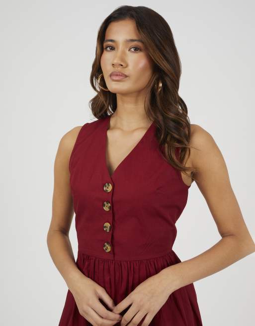 Brave Soul - Vestito midi rosso senza maniche con scollo a V e bottoni, 3 di 4