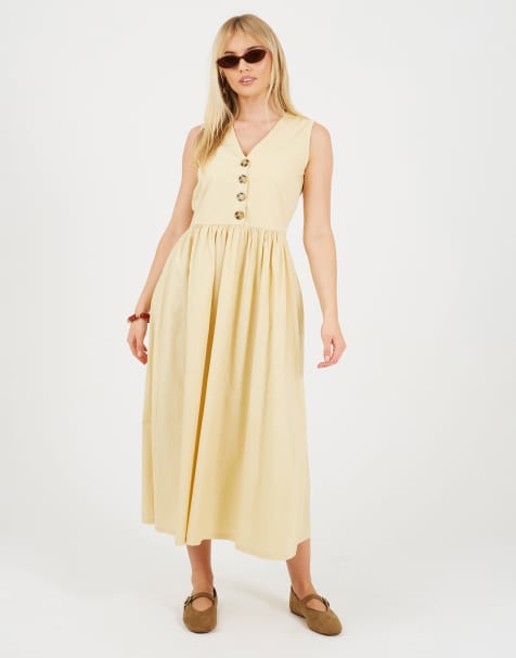 Brave Soul - Vestito midi senza maniche con scollo a V e bottoni giallo - view 1