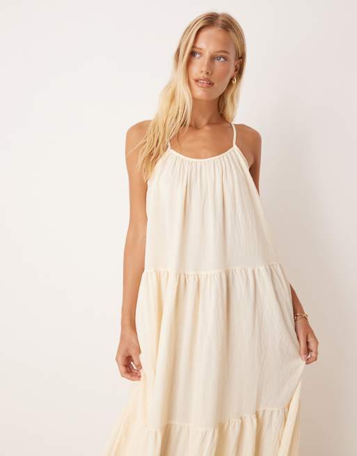 Brave Soul - Vestito midi stile grembiule color crema a balze, 2 di 4